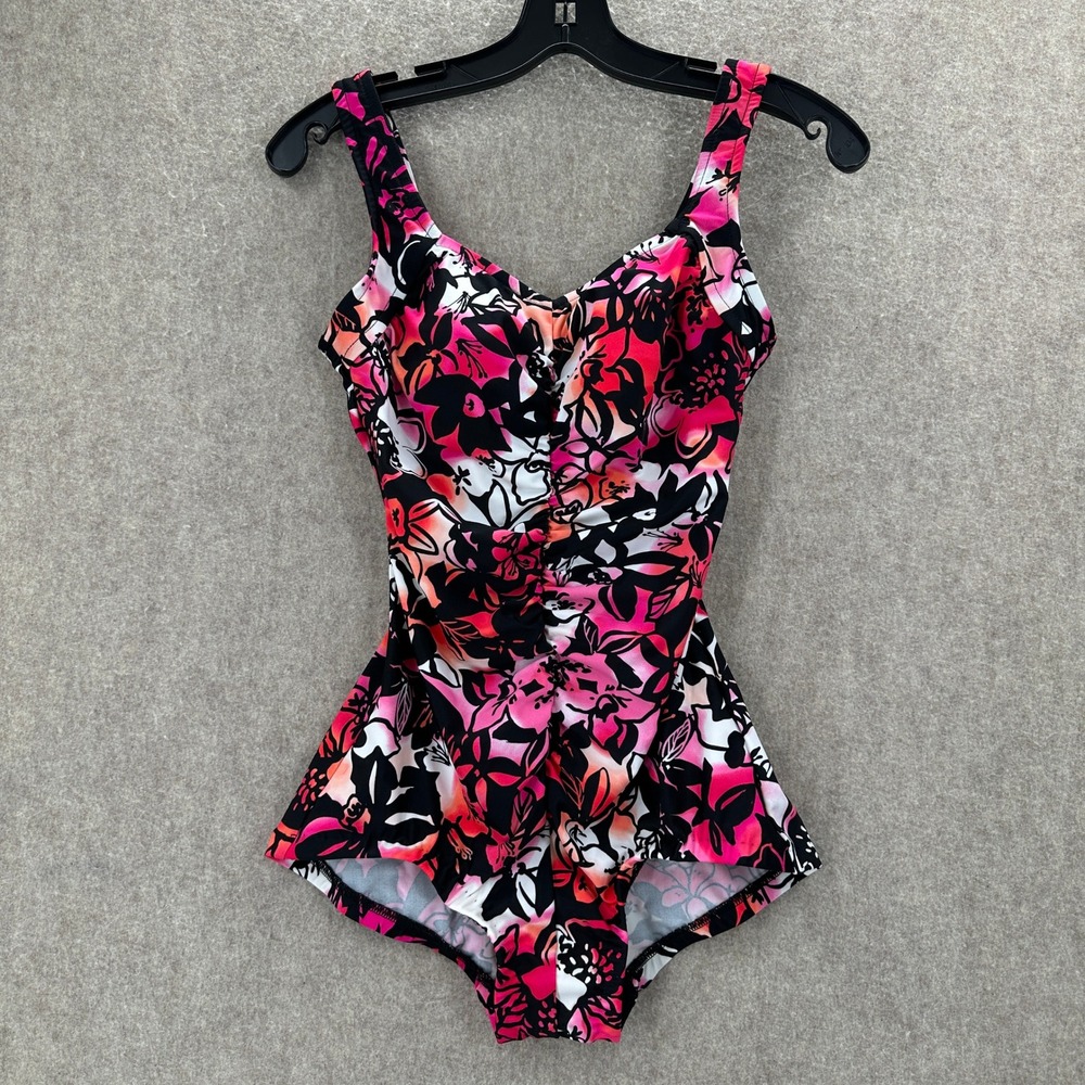 Maxine of Hollywood 1 PC Swimsuit 8 ruching/shirring Tummy Control Pink Floral